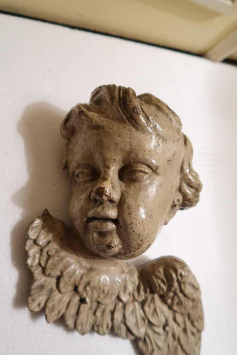 Painted Wooden Cherub Head, 18th Century