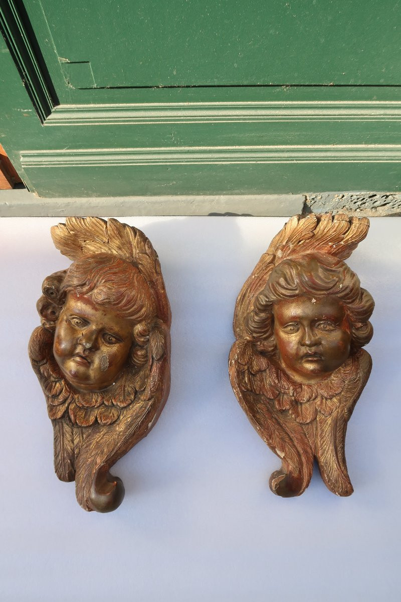 Paire d' angelots en bois doré  XVIII-photo-2
