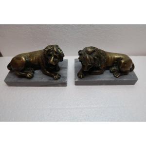 Paire De Lions En Bronze   XIX