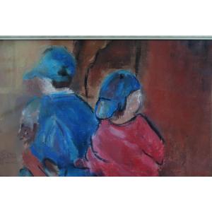 Huile sur papier : deux enfants dans une cariole
