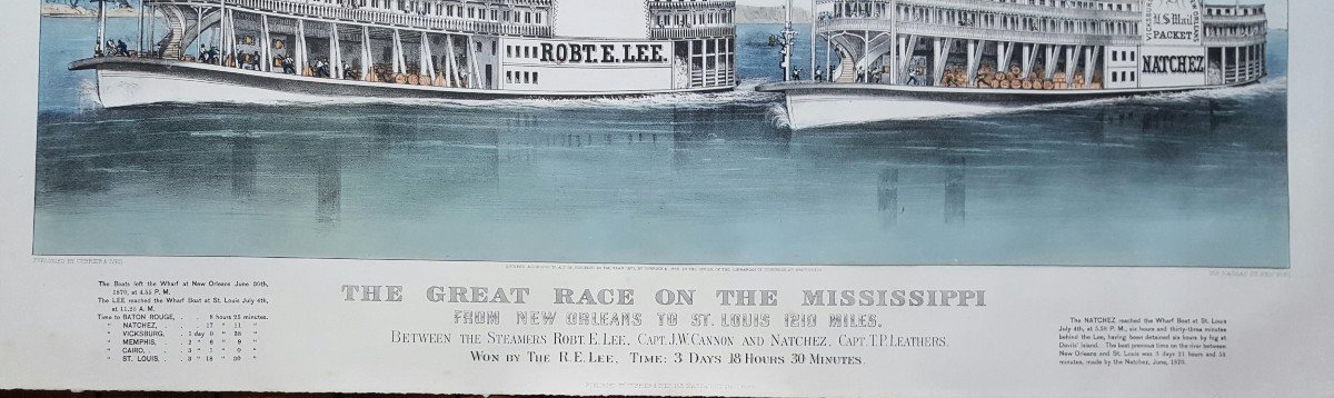 Course de bateaux sur le Mississipi, "The great race on the Mississipi", lithographie published  by Currier§ Ives-photo-2