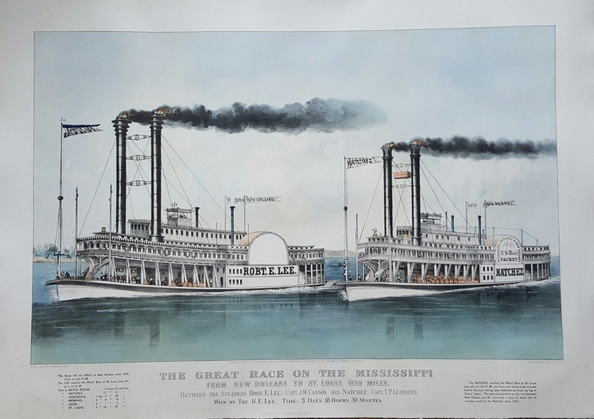 Course de bateaux sur le Mississipi, "The great race on the Mississipi", lithographie published  by Currier§ Ives