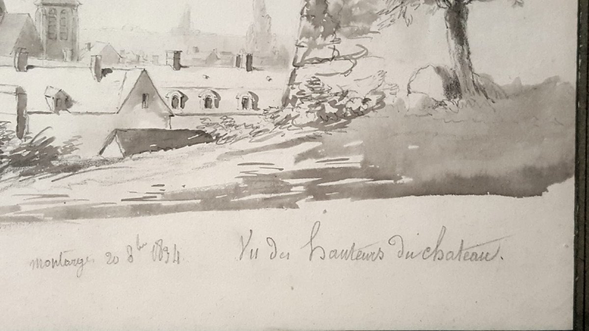 Vue de Montargis, 1834, Dessin plume et lavis gris-photo-2