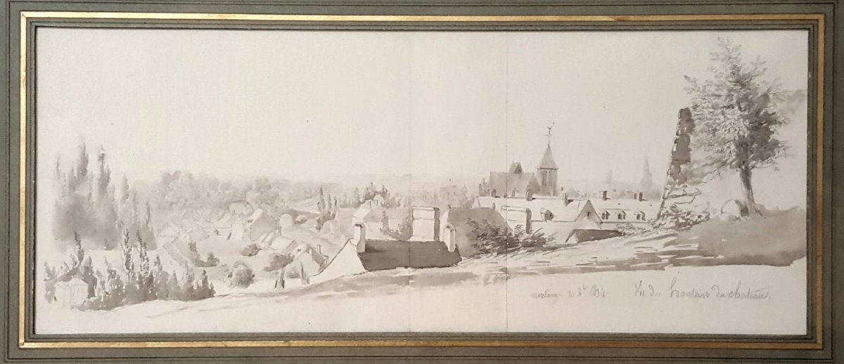 Vue de Montargis, 1834, Dessin plume et lavis gris