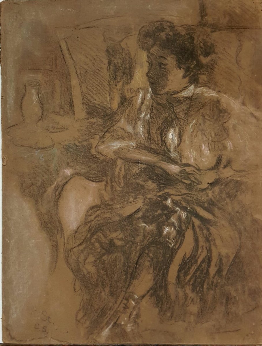Jeune femme assise dans un intérieur, fusain et pastel, par Charles Haslewood Shannon