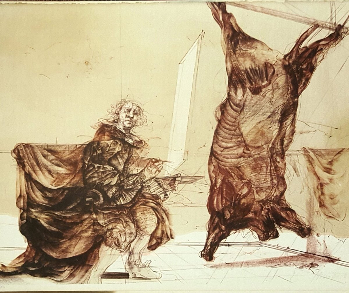 Hommage à Rembrandt, Le boeuf écorché, Lithographie de Claude Weisbuch