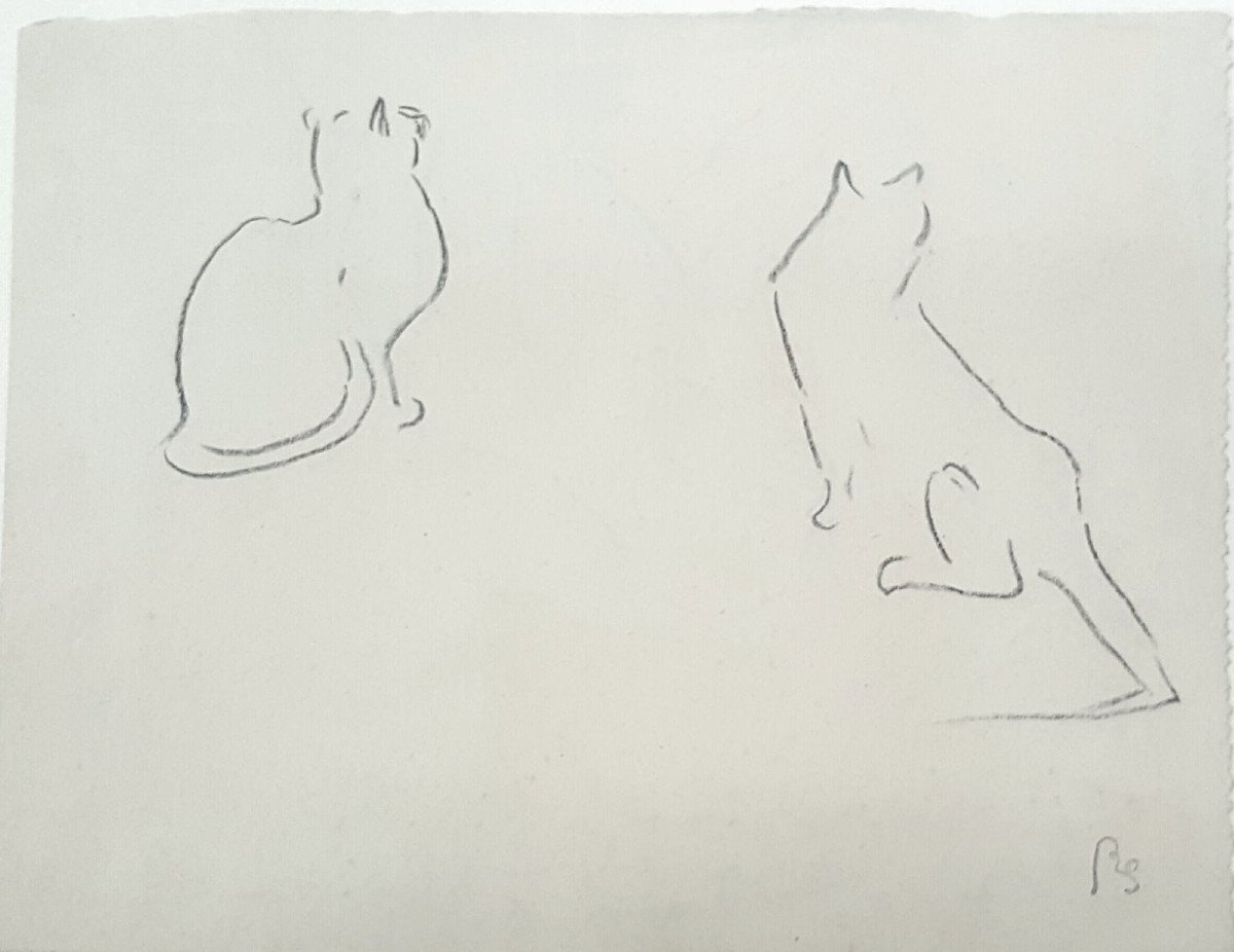 2 Drawings By René Paul Schutzenberger, Cats And Chickens....-photo-2