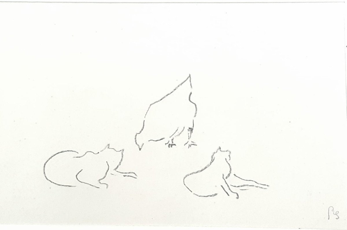 2 Drawings By René Paul Schutzenberger, Cats And Chickens....