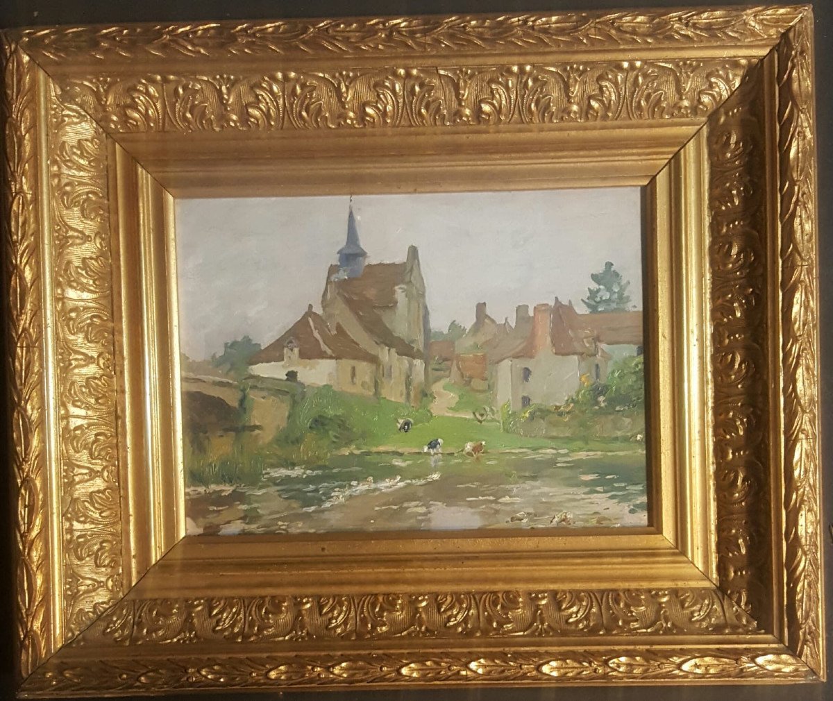 Gaston Knecht vue de Angles sur Anglin, l'église Sainte Croix et la maison du passeur-photo-2
