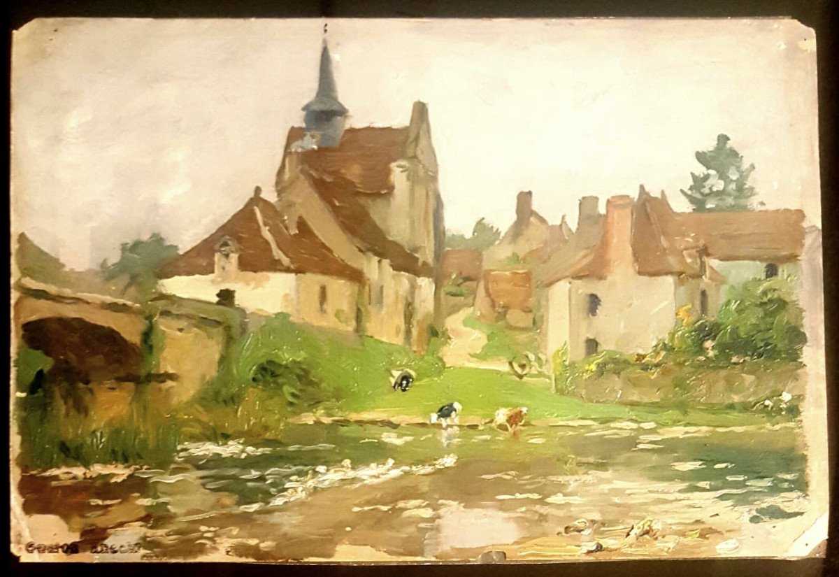 Gaston Knecht vue de Angles sur Anglin, l'église Sainte Croix et la maison du passeur