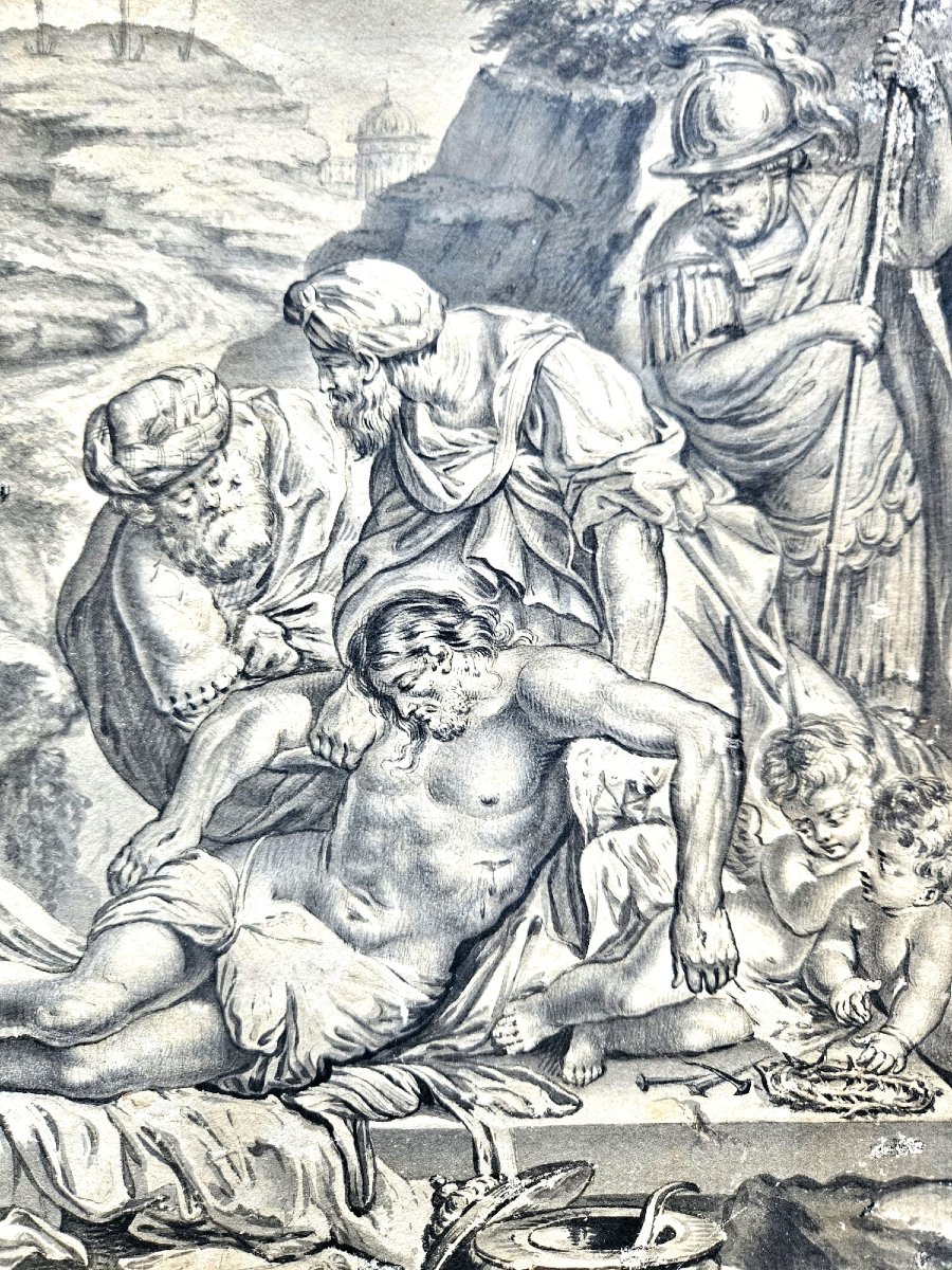 Entombment, French Drawing, 2nd Half Of The 17th Century-photo-3