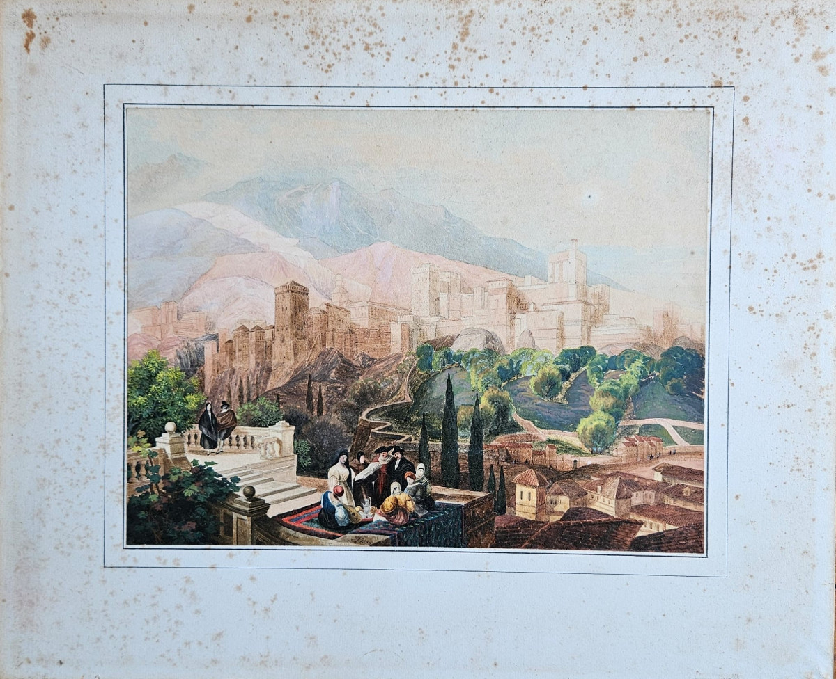 2 aquarelles d'après des gravures de David Roberts, vues de Grenade