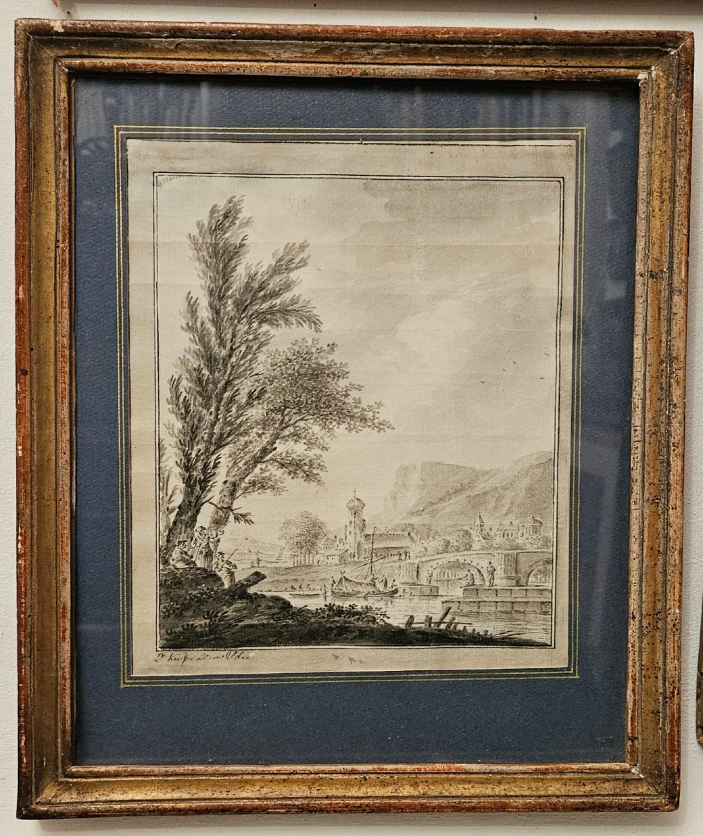 Port fluvial, encre et lavis de Dirk Kuipers, XVIIIème siècle-photo-1