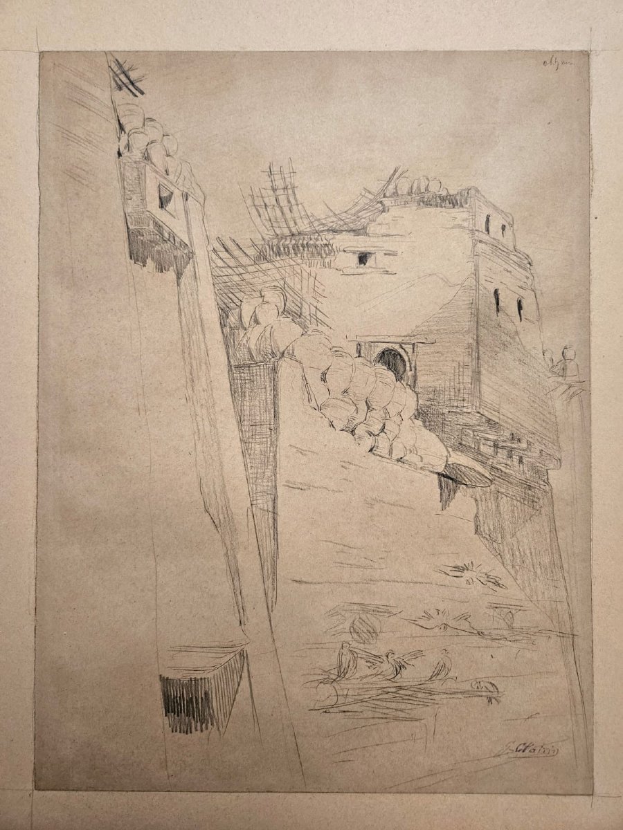 Vue d'une ville fortifiée du Maroc (Tetouan?), crayon sur papier chamois de Georges Clairin-photo-3