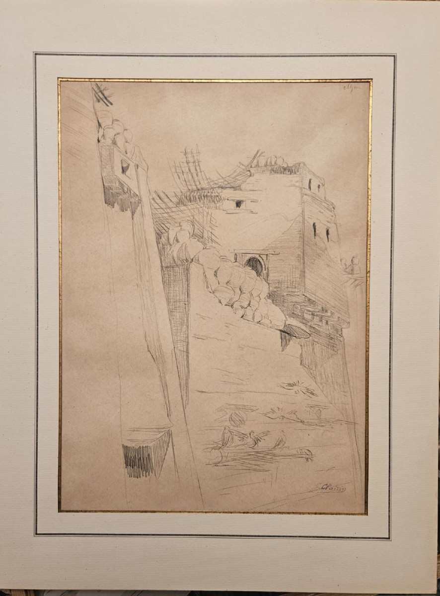 Vue d'une ville fortifiée du Maroc (Tetouan?), crayon sur papier chamois de Georges Clairin