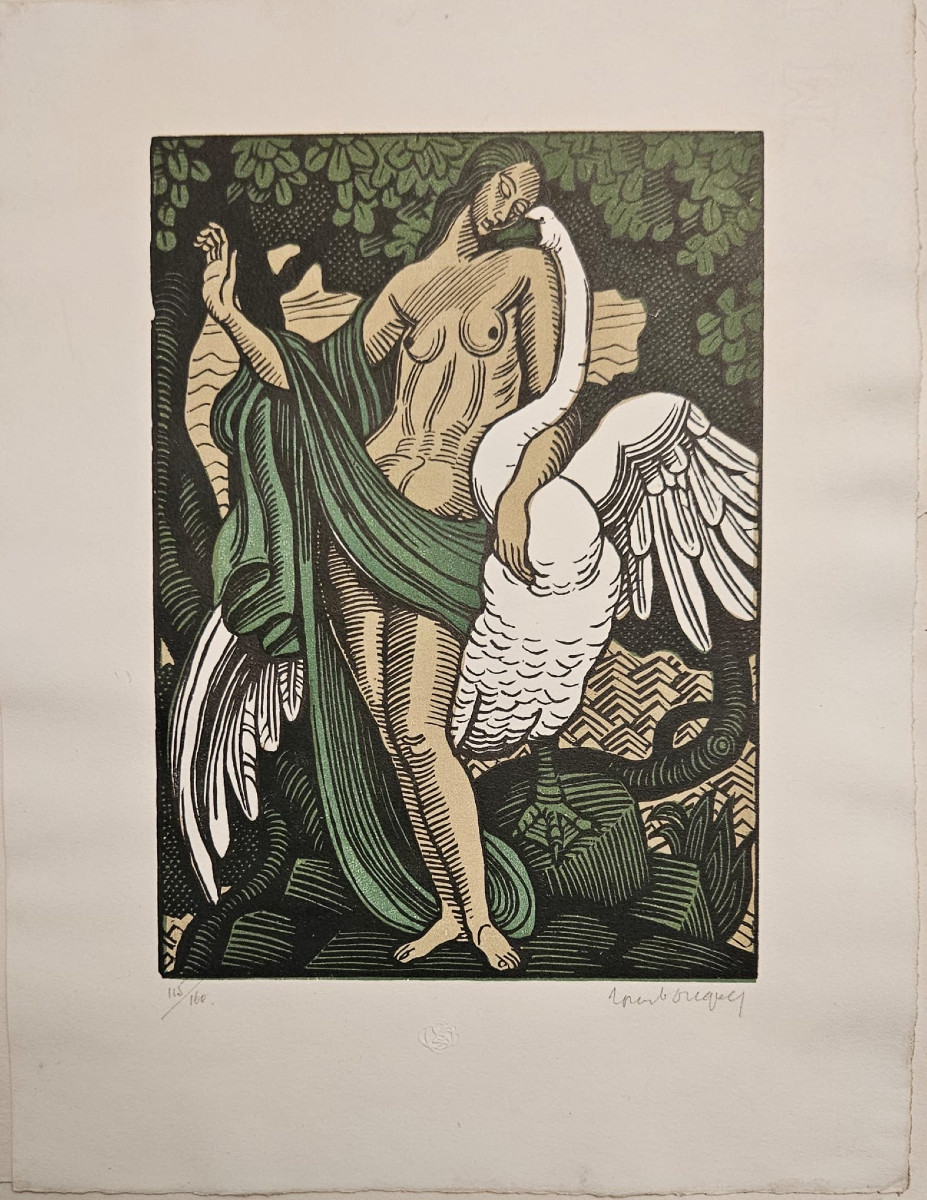 Leda And The Swan, Color Woodcut By Louis Bouquet