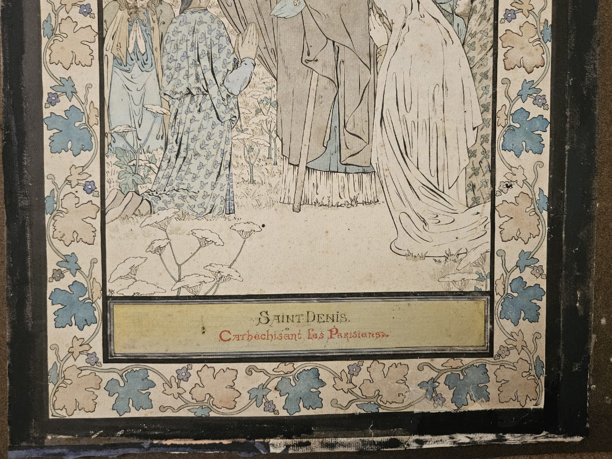 Watercolor Drawing: Saint Denis Catechizing The Parisians, Circa 1900, Monogram Not Deciphered.-photo-3