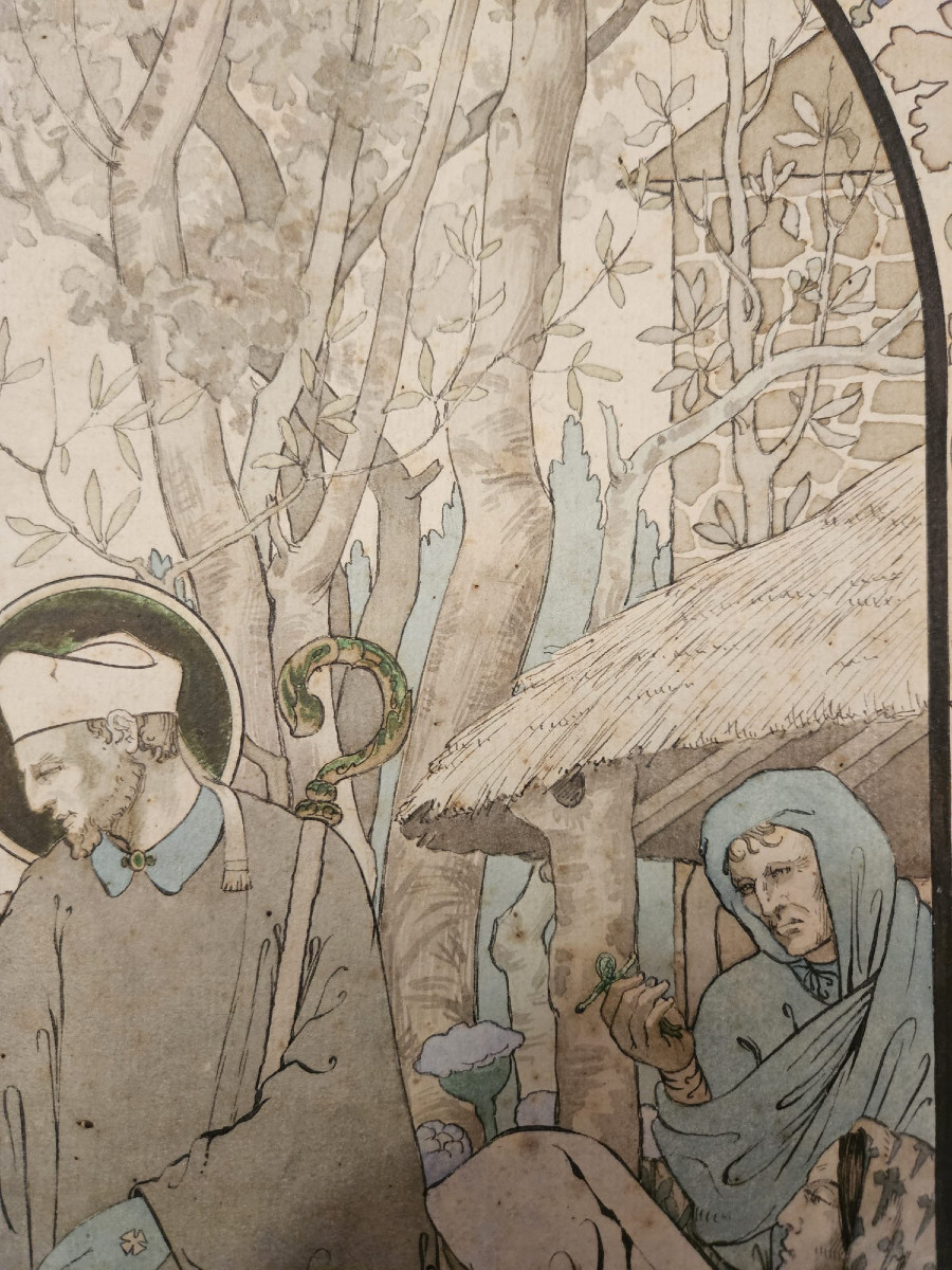 Watercolor Drawing: Saint Denis Catechizing The Parisians, Circa 1900, Monogram Not Deciphered.-photo-1