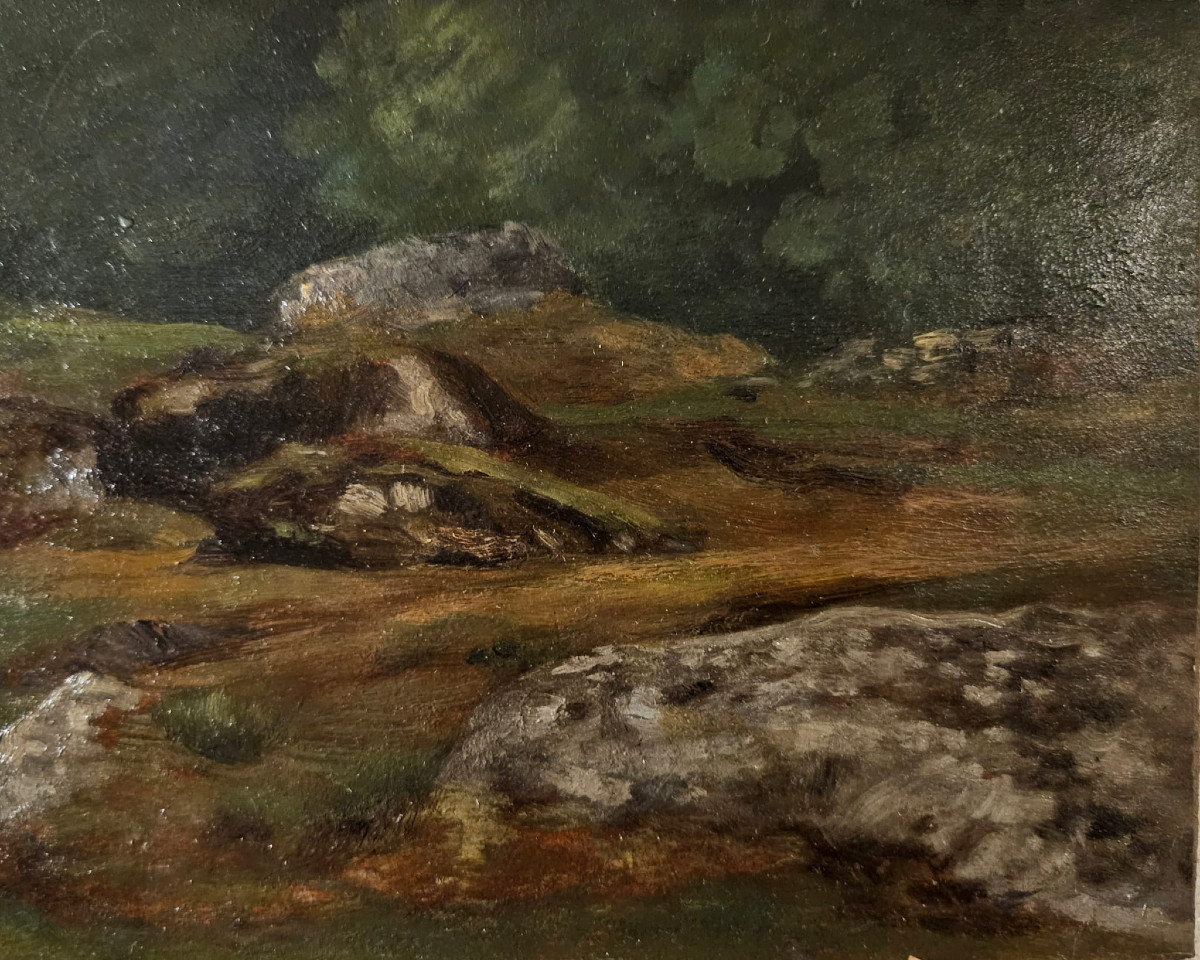 Etude de sol rocheux en forêt par Louis Cabat, huile sur carton fin.