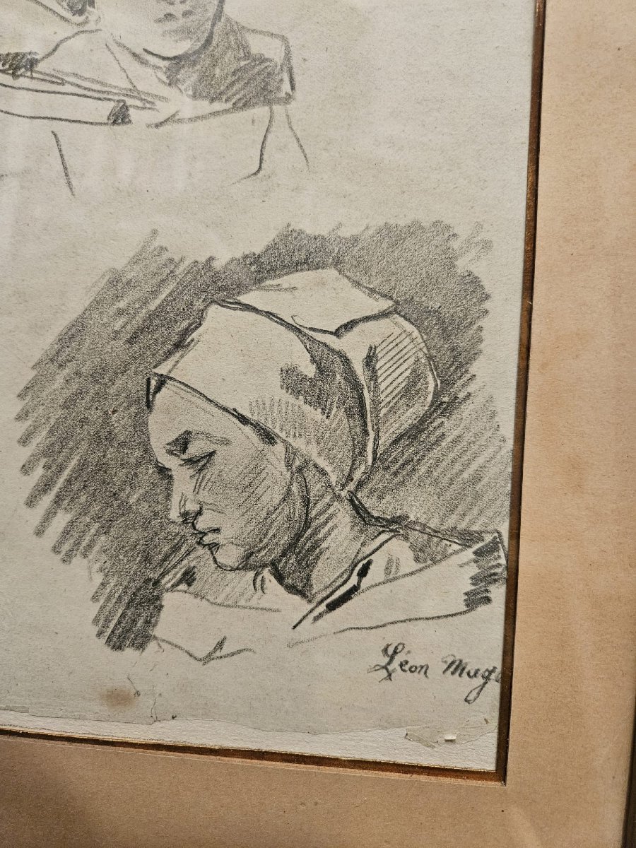 Etude de têtes de Bretonnes , Léon Mage, dessin au crayon-photo-2