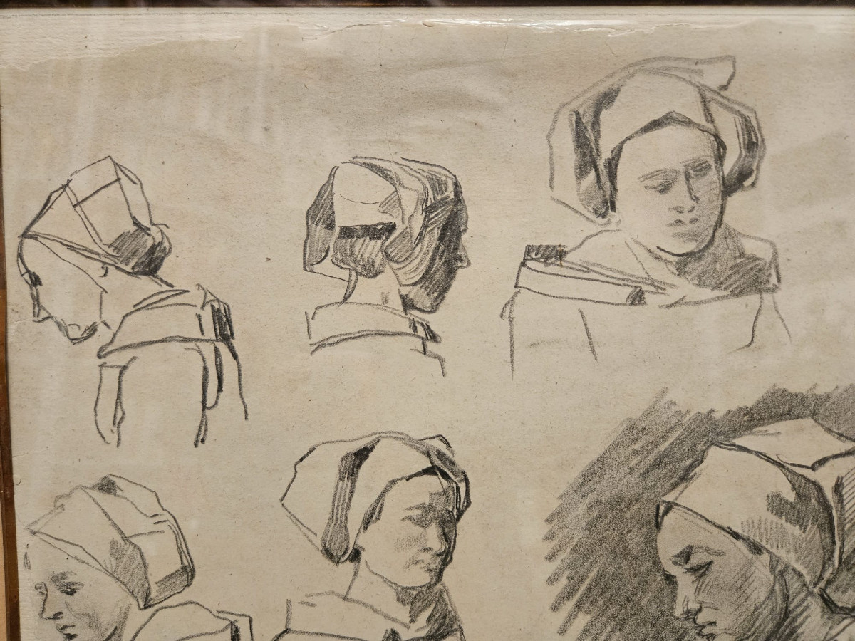 Etude de têtes de Bretonnes , Léon Mage, dessin au crayon-photo-1