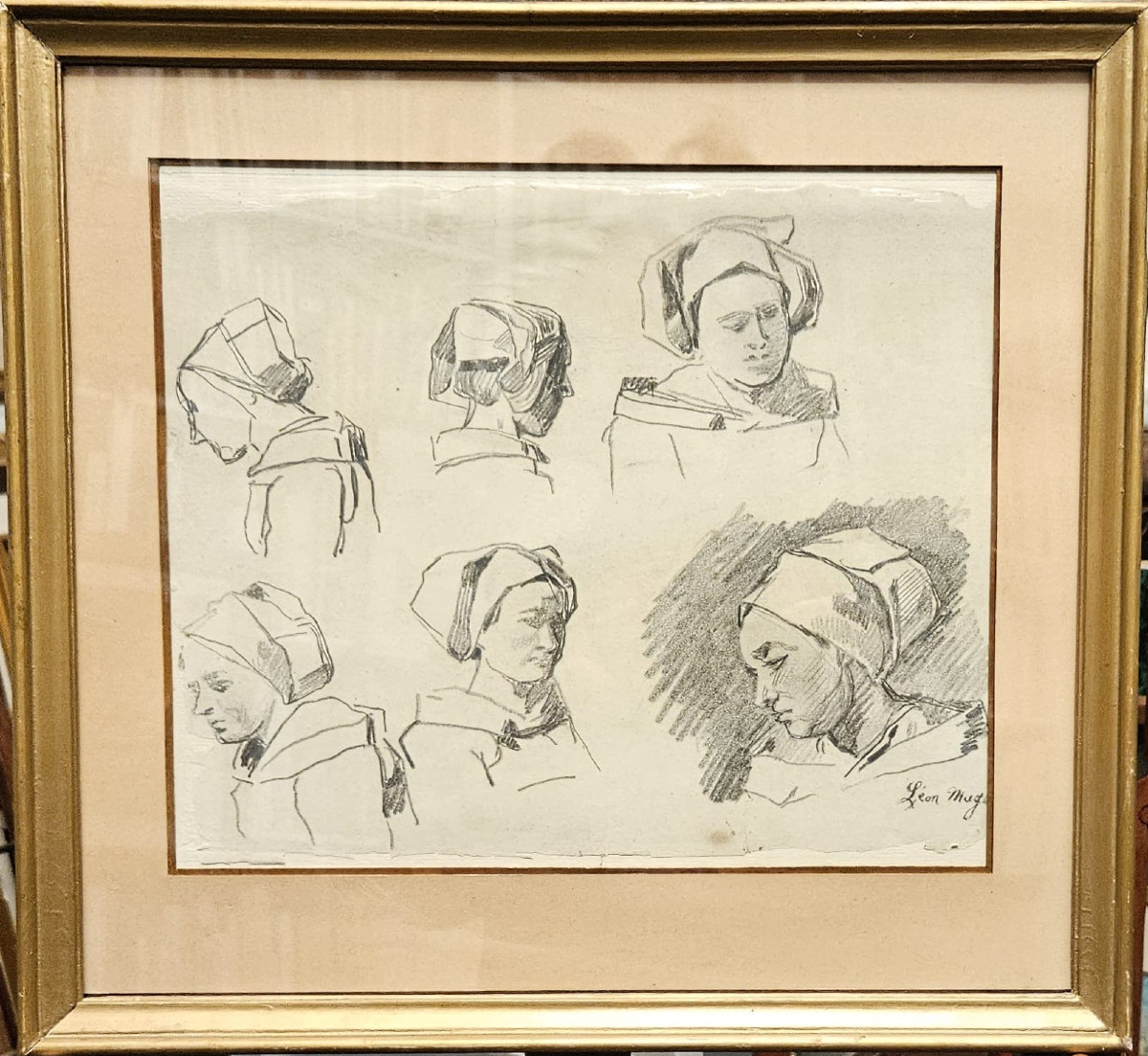 Etude de têtes de Bretonnes , Léon Mage, dessin au crayon