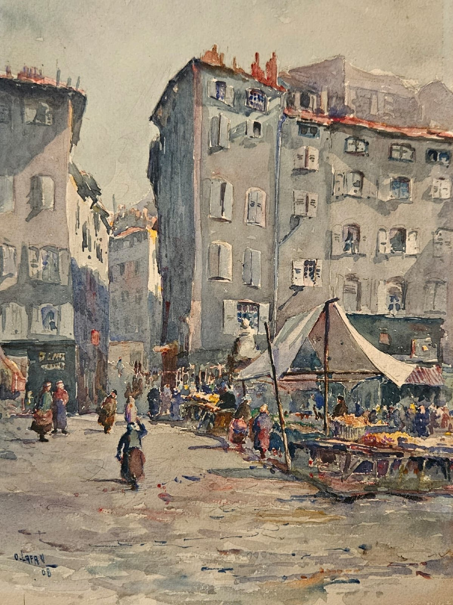 Scène de marché, aquarelle d'Octave Lafay, 1908