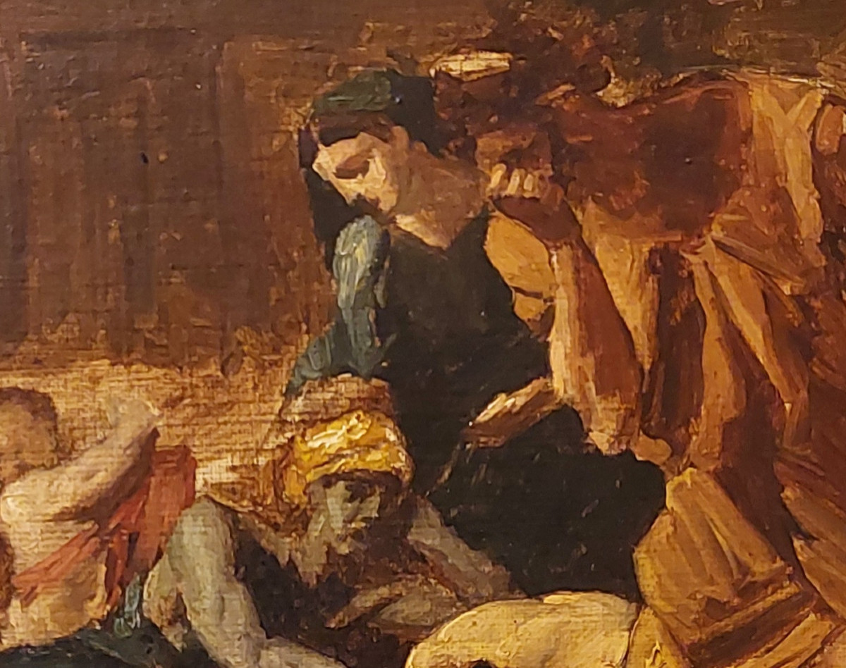 Partie centrale du tableau de Nicolas Poussin: La peste d'Asdod, huile sur papier, XIXème-photo-2