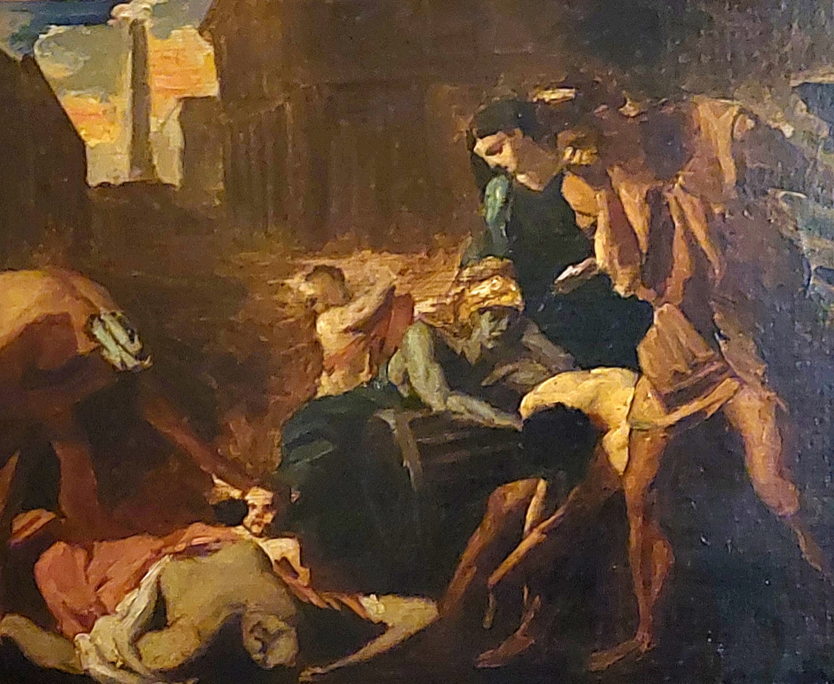 Partie centrale du tableau de Nicolas Poussin: La peste d'Asdod, huile sur papier, XIXème