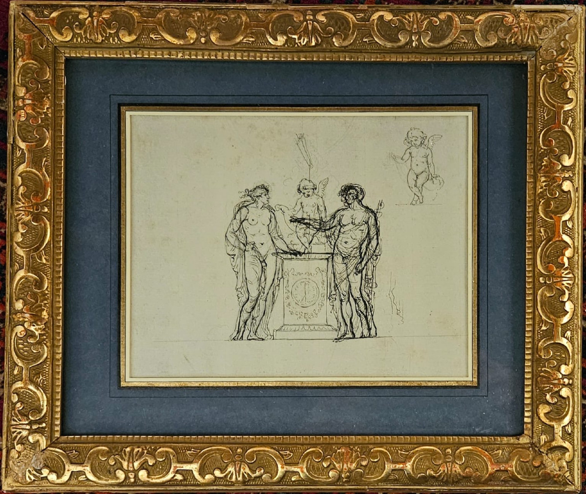 Dessin pour une pendule, fin XVIIIème, portant le cachet de la collection Charles Ferault