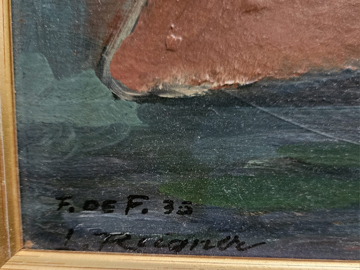 Three Men In A Dugout Canoe, Oil On Cardboard By Léopold Reigner, 1935.-photo-2