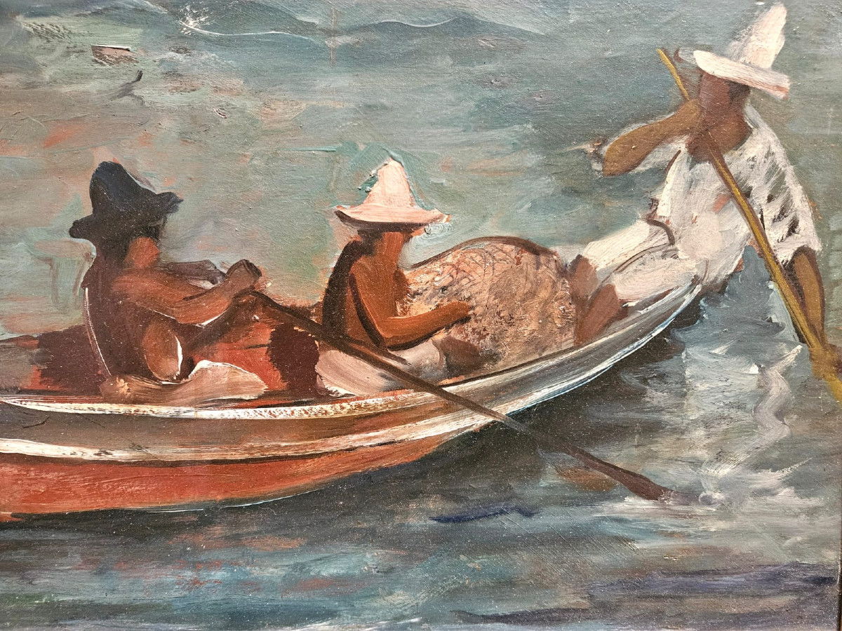 Three Men In A Dugout Canoe, Oil On Cardboard By Léopold Reigner, 1935.-photo-3