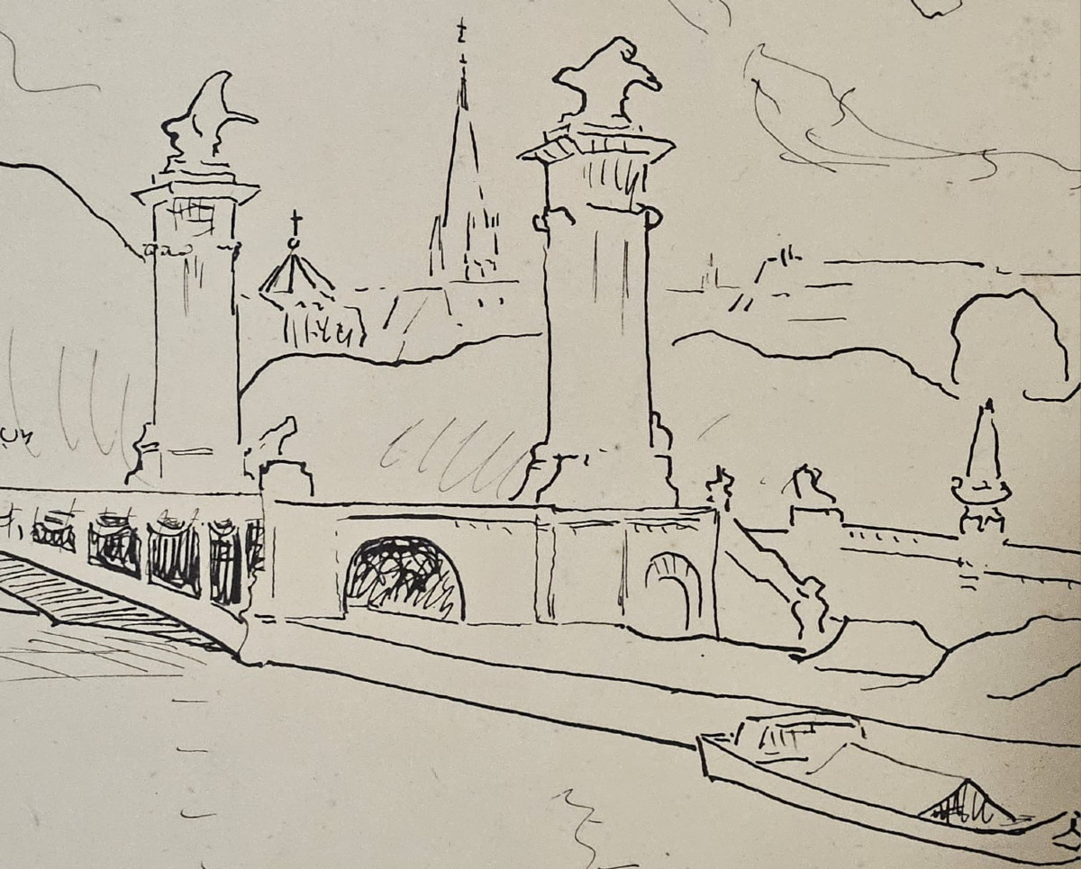 La Seine au pont Alexandre, encre à la plume de Paul René Schutzenberger-photo-3