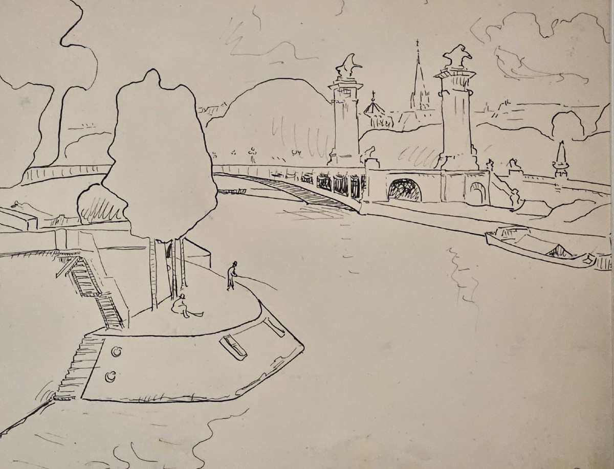 La Seine au pont Alexandre, encre à la plume de Paul René Schutzenberger