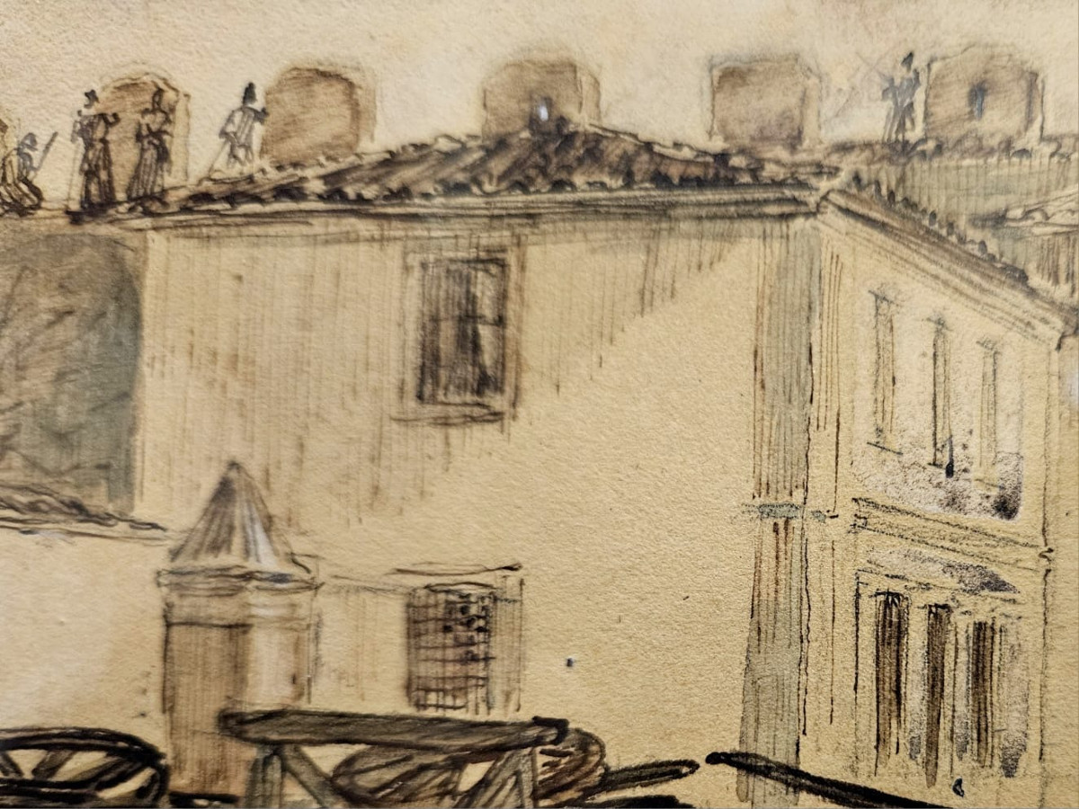 Dessin aquarellé: Barricade à Pise en 1849 d'Auguste Raffet-photo-1