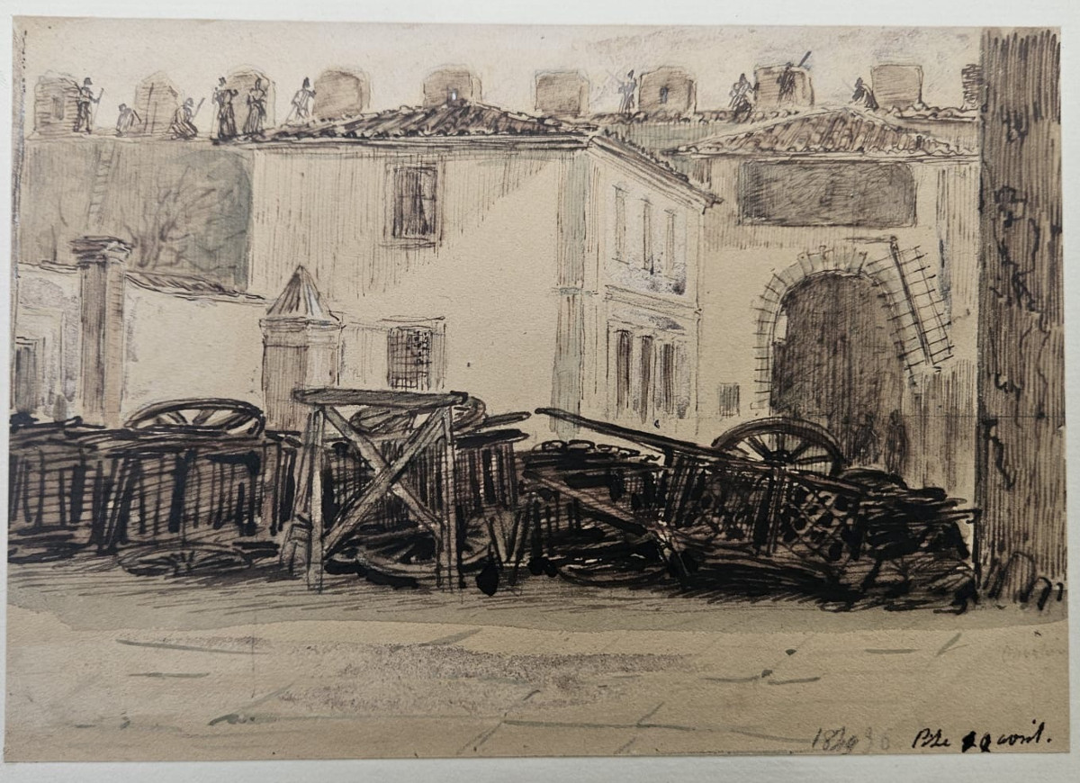 Dessin aquarellé: Barricade à Pise en 1849 d'Auguste Raffet