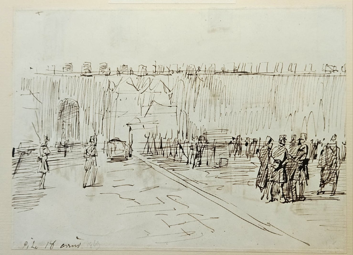 Aquarelle sur traits de plume d'Auguste Raffet, au verso: Cantonnement d'une armée devant Pise-photo-4