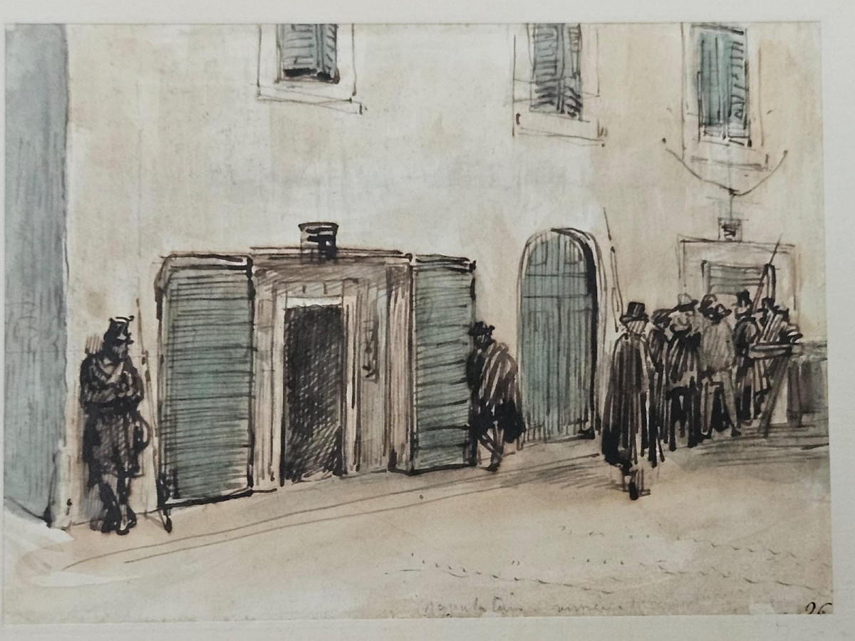 Aquarelle sur traits de plume d'Auguste Raffet, au verso: Cantonnement d'une armée devant Pise