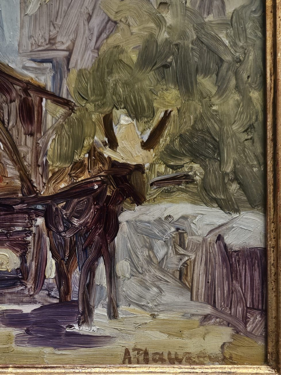 Le Marchand De Tissus, Oil On Cardboard By Alfred Plauzeau-photo-2