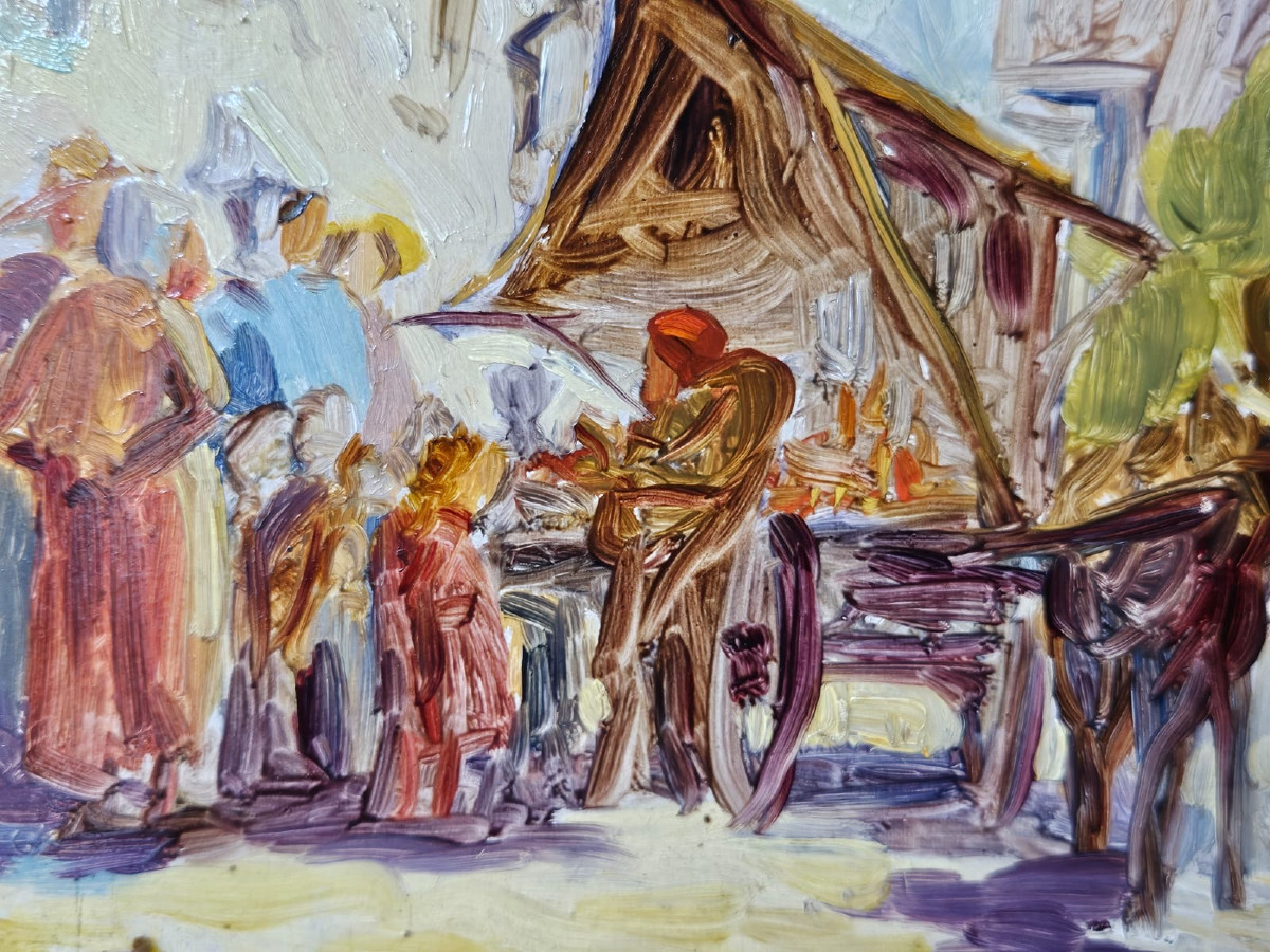 Le Marchand De Tissus, Oil On Cardboard By Alfred Plauzeau-photo-3