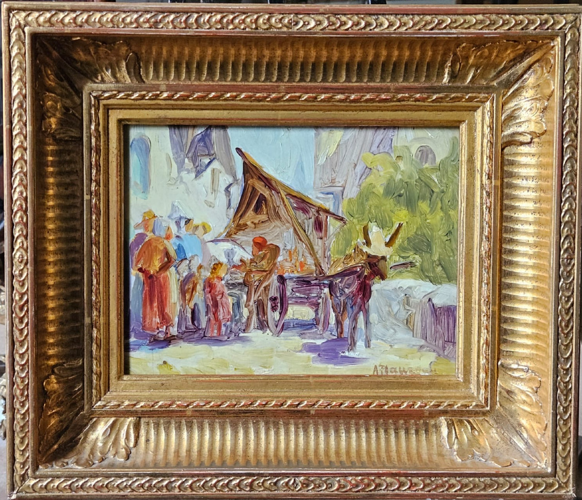 Le Marchand De Tissus, Oil On Cardboard By Alfred Plauzeau