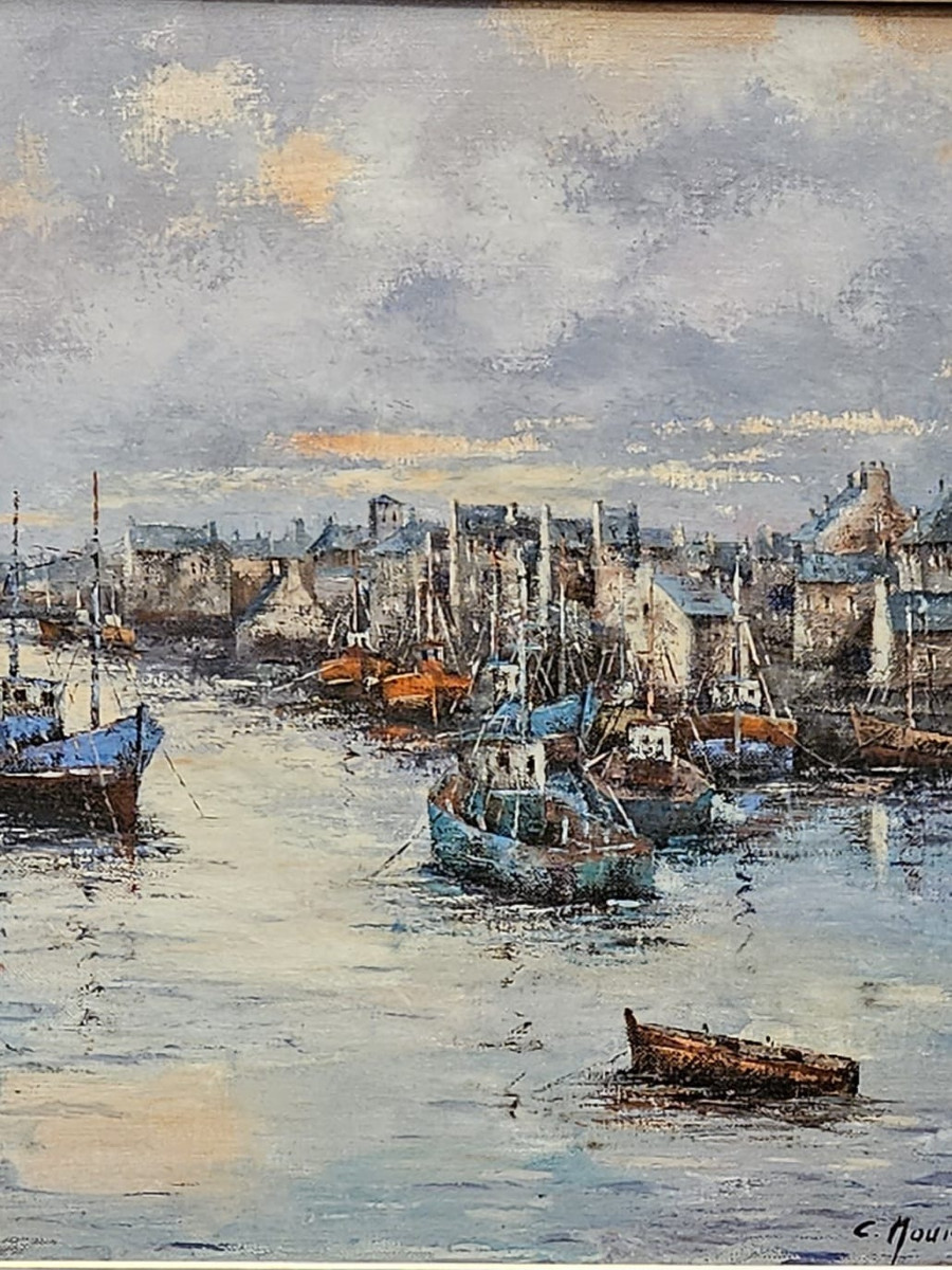 Port breton (Honfleur?),  huile sur toile par C Mourier-photo-2