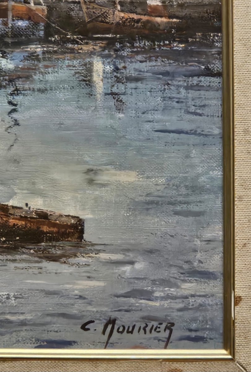 Port breton (Honfleur?),  huile sur toile par C Mourier-photo-4