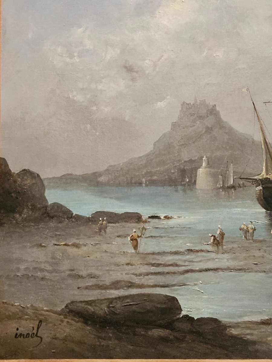 Fishing Boat At Low Tide In The Bay Of Mont St Michel, Oil On Canvas By Inoël.-photo-2
