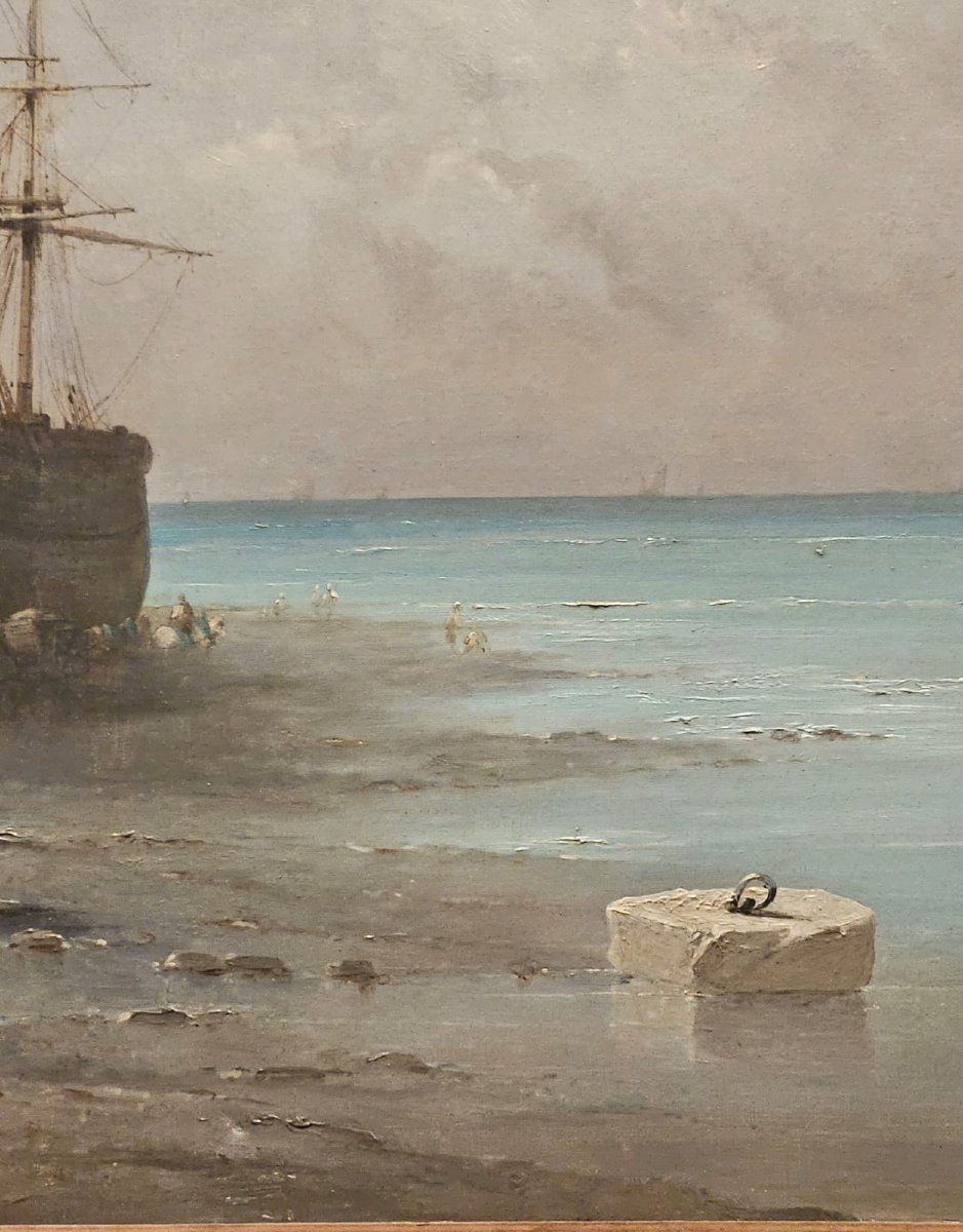 Fishing Boat At Low Tide In The Bay Of Mont St Michel, Oil On Canvas By Inoël.-photo-4