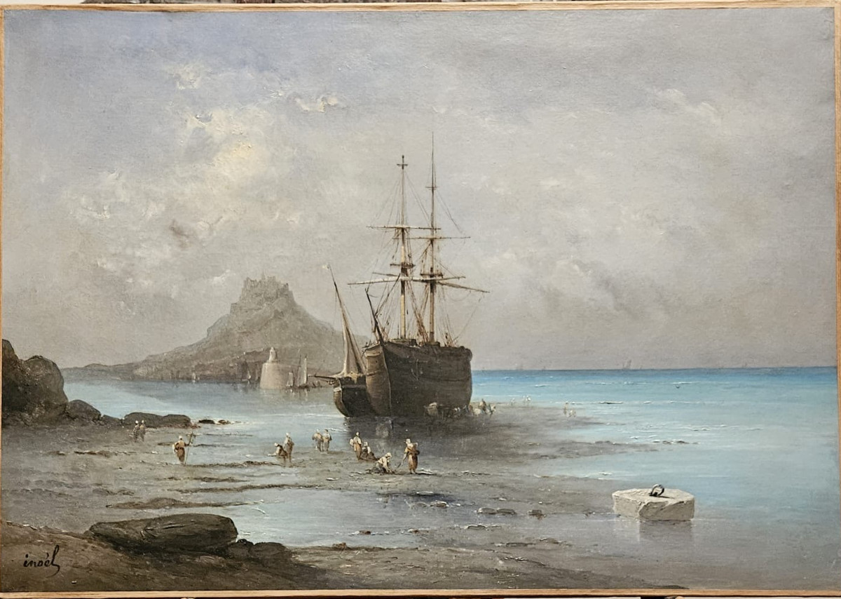 Fishing Boat At Low Tide In The Bay Of Mont St Michel, Oil On Canvas By Inoël.
