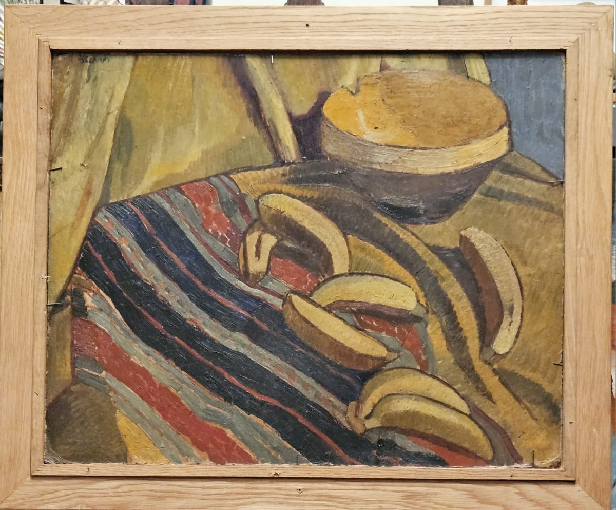 Still Life With Lemons On One Side And Bananas On The Other, Oil On Cardboard By Adolphe Decamps-photo-4