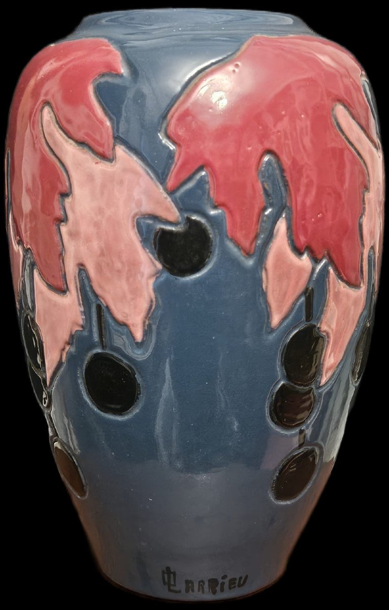 Large Vase By Simone Larrieu, Decorated With Fig Leaves, Ceramic.-photo-2