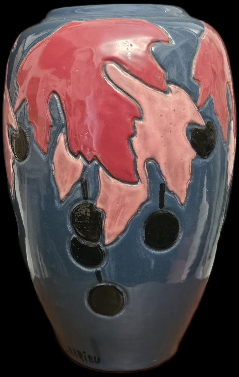 Large Vase By Simone Larrieu, Decorated With Fig Leaves, Ceramic.-photo-3