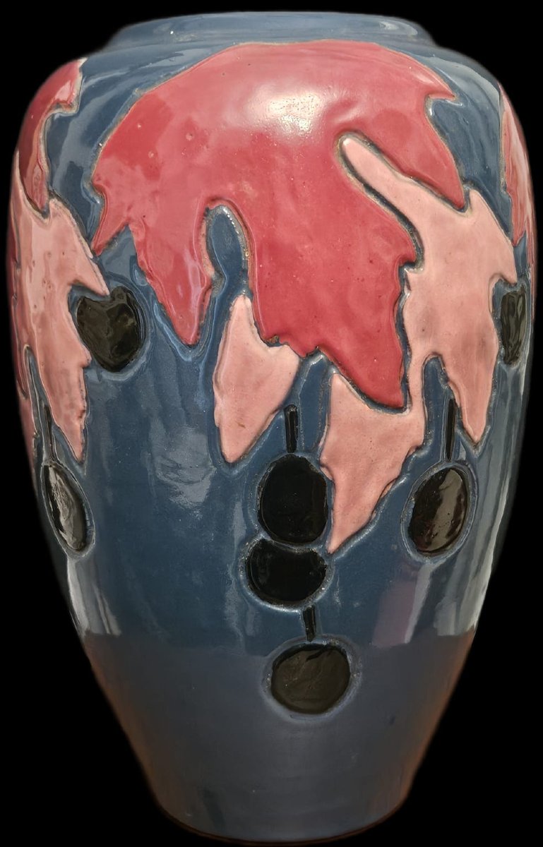 Large Vase By Simone Larrieu, Decorated With Fig Leaves, Ceramic.